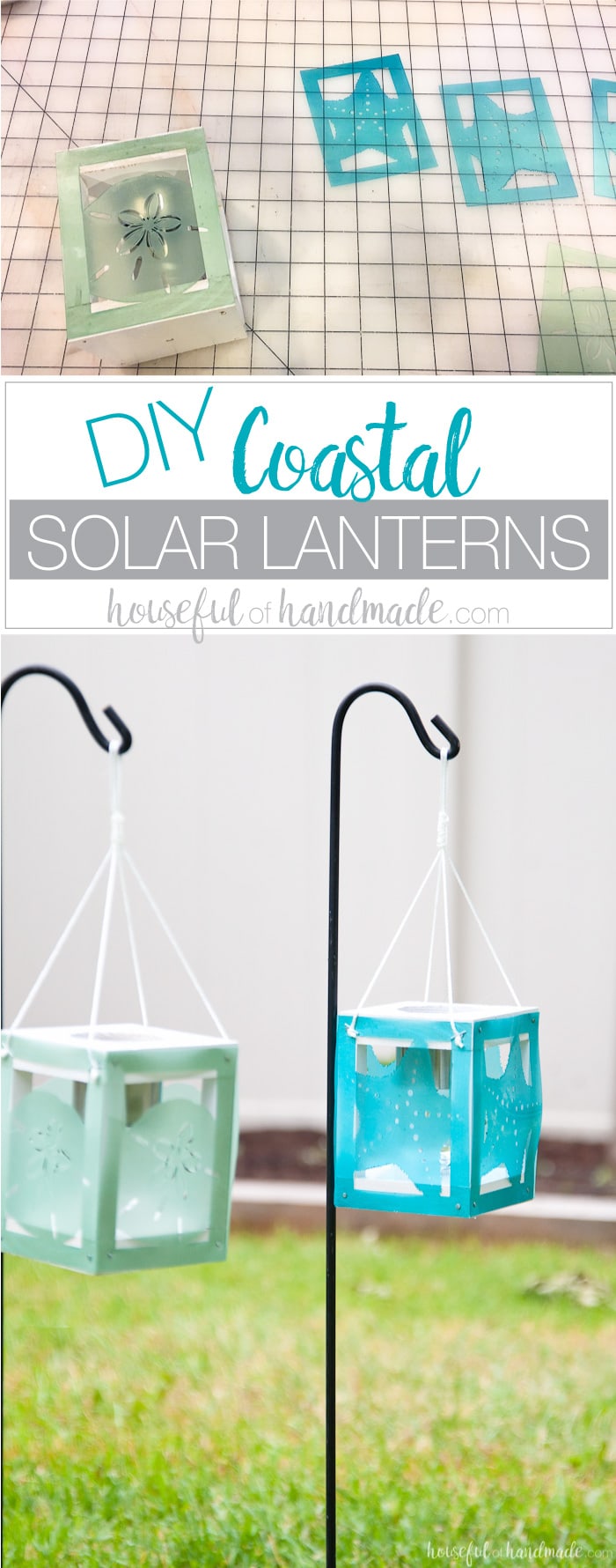 Create beautiful beach themed decor for the backyard with scrap wood, cheap solar path lights and your Silhouette Cameo. These coastal solar lantern decor will give beautiful lighting to the warm summer evenings. A fun and easy DIY for summer decorating. Housefulofhandmade.com | Silhouette Creators Challenge | Silhouette Crafts | Outdoor Crafts | DIY Solar Lanterns | Decorative Solar Lights 