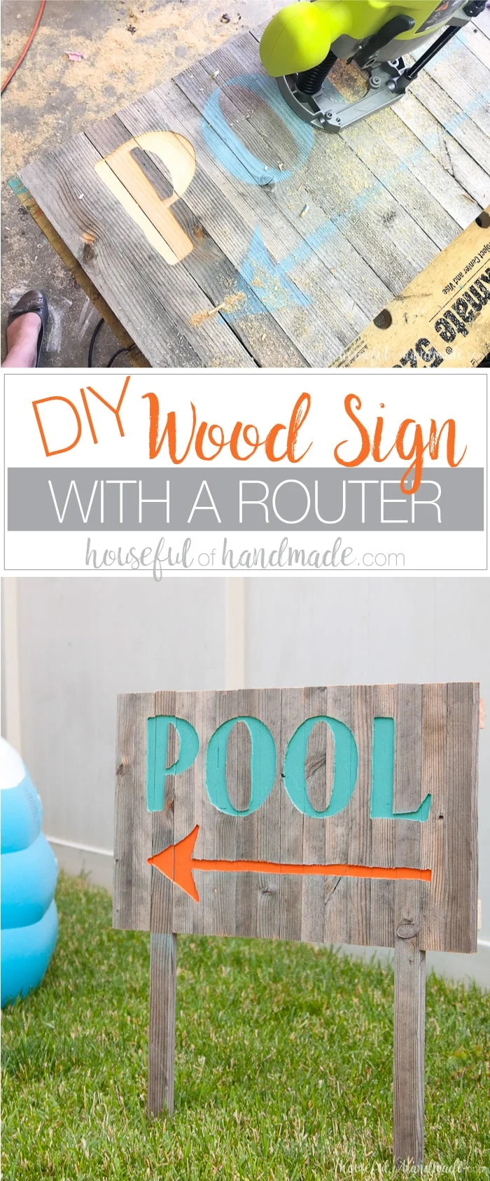 Create the perfect outdoor decor for summer with this DIY wood sign with a router. Using reclaimed wood, the 3D pool sign is perfect for your next party! Housefulofhandmade.com | Router Sign | Reclaimed Wood Sign | How to Make a Sign with a Router | Scrap Wood Projects | Summer Sign | Outdoor Sign