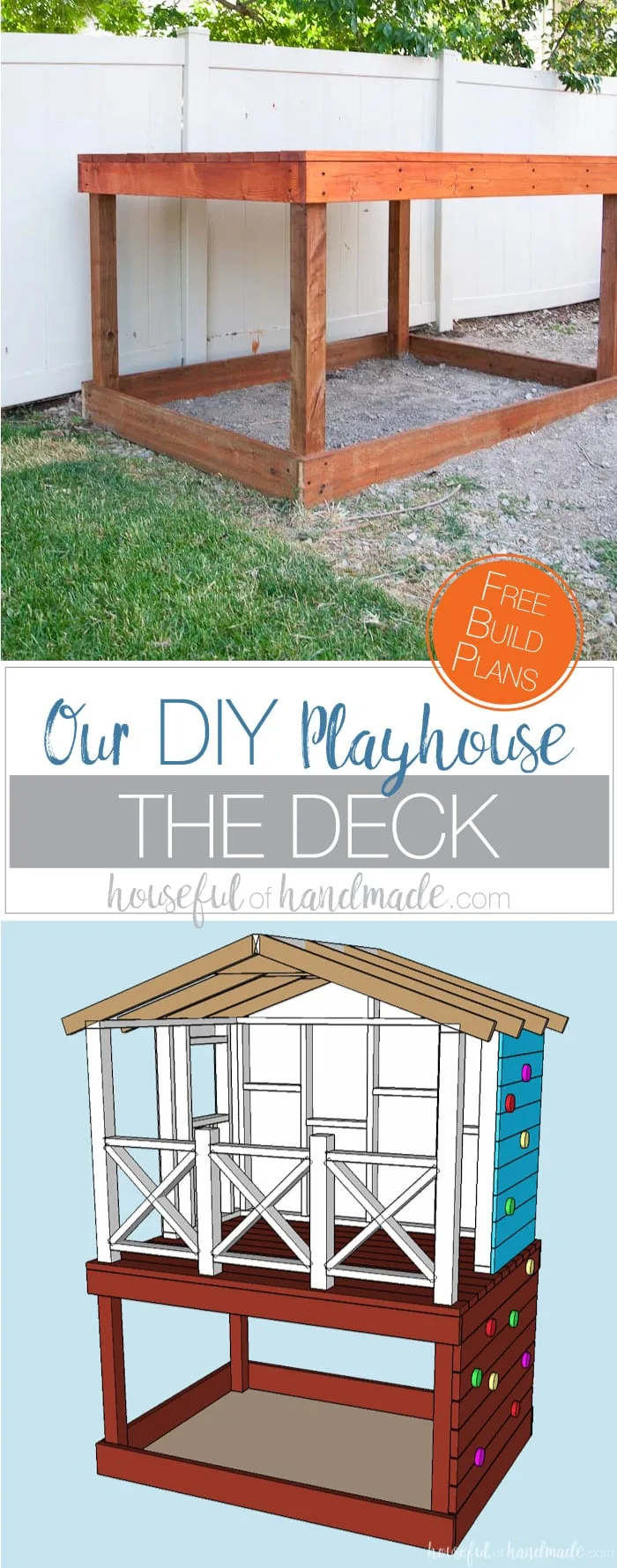 Even though our yard is small, we decided we still needed a DIY playhouse. Check out how we built the small playhouse for our kids, on a budget, starting with the deck. This project was so easy and now we can see the playhouse starting to take shape. Housefulofhandmade.com | How to Build a Playhouse | DIY Swing Set | Small Playhouse | Playhouse Build Plans 