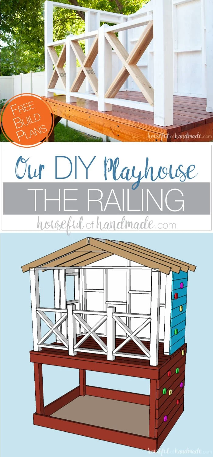 Our DIY Playhouse is coming along! This week we tackled the playhouse railing. The beautiful X railing is perfect for the cute cottage playhouse. See how we are building the playhouse step-by-step including free build plans and time/cost breakdown. Housefulofhandmade.com | DIY Playhouse | Playhouse Build Plans | DIY Swing Set | How to Build a Playhouse | DIY Sandbox | How to Build an X Railing
