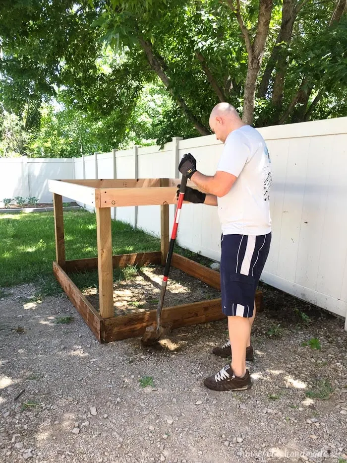 Even though our yard is small, we decided we still needed a DIY playhouse. Check out how we built the small playhouse for our kids, on a budget, starting with the deck. This project was so easy and now we can see the playhouse starting to take shape. Housefulofhandmade.com | How to Build a Playhouse | DIY Swing Set | Small Playhouse | Playhouse Build Plans 