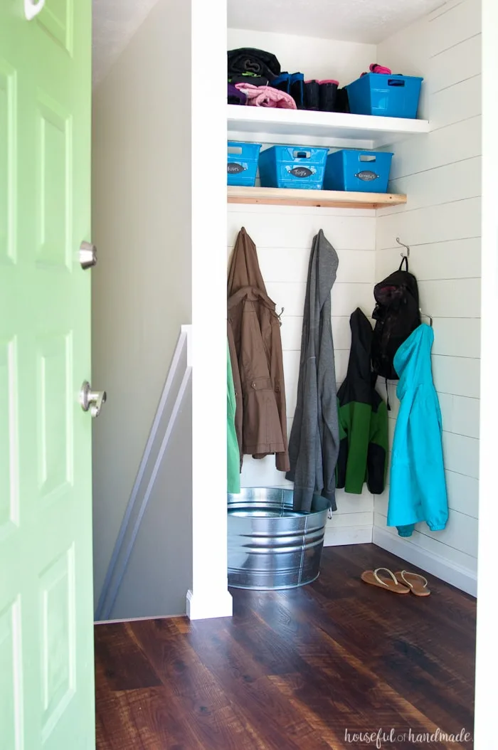 Take a peak into the houses of your favorite bloggers this summer. Each week we will be sharing different rooms in our home. This week is all about the entryway. See how we have our Farmhouse Entryway mudroom decorated and ready for summer. Housefulofhandmade.com | Summer Home Tour | Small Entry Decor | Small Mudroom Ideas | Entryway Mudroom Ideas | Mudroom Storage | DIY Shiplap Entry | Room by Room Summer Series