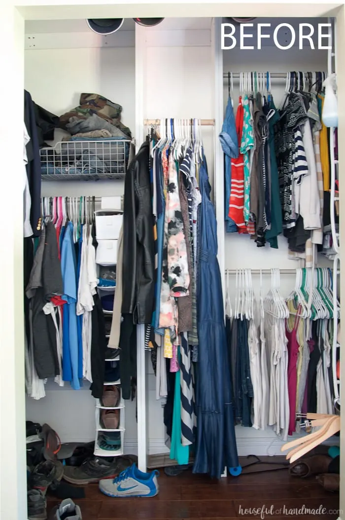 Before photo of the cramped, unorganized closet.