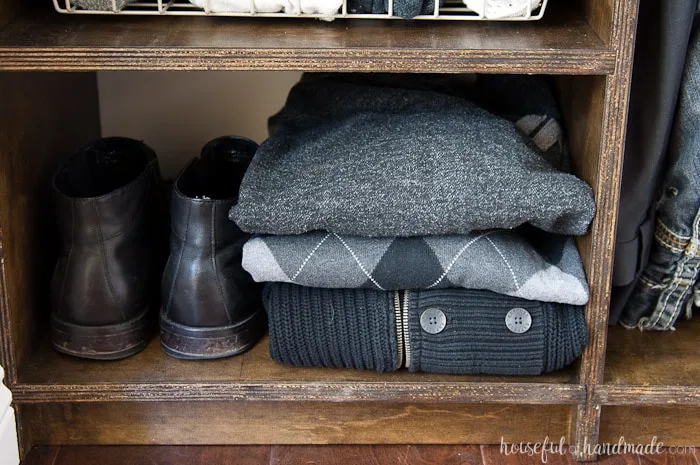 Did you know you are not suppose to hang your sweaters? See how we protect all our favorite clothing in our budget walk in closet remodel. Housefulofhandmade.com