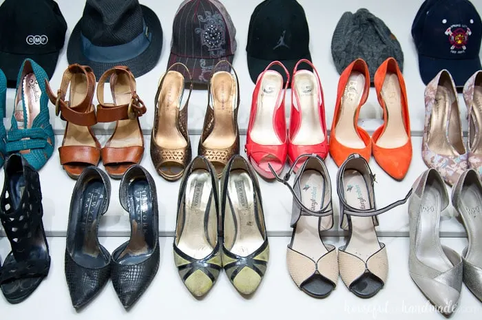 The best $1 shoe storage solution ever! See how we transformed our tiny walk in closet into a dream closet for only $100. Housefulofhandmade.com