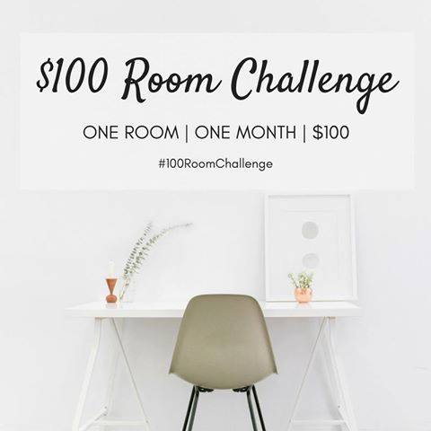 White desk with white wall and $100 Room Challenge words.