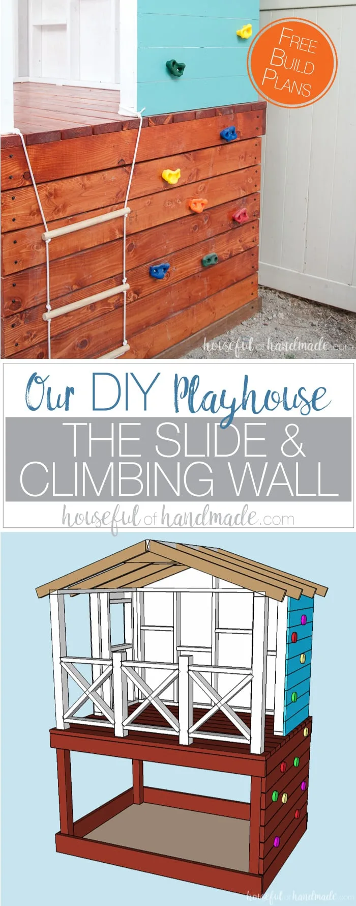Our DIY playhouse is almost done! This week we are sharing all the details on how we installed the slide and climbing wall to make the playhouse into a kids dream play area. Includes the build plans and cost breakdown for the whole project. Housefulofhandmade.com | How to build a playhouse | DIY swing set | Kids Playhouse | Free Build plans | How to Install a slide 