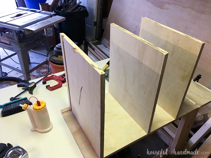 All the shelves in one side of the cabinet glued into the grooves. 