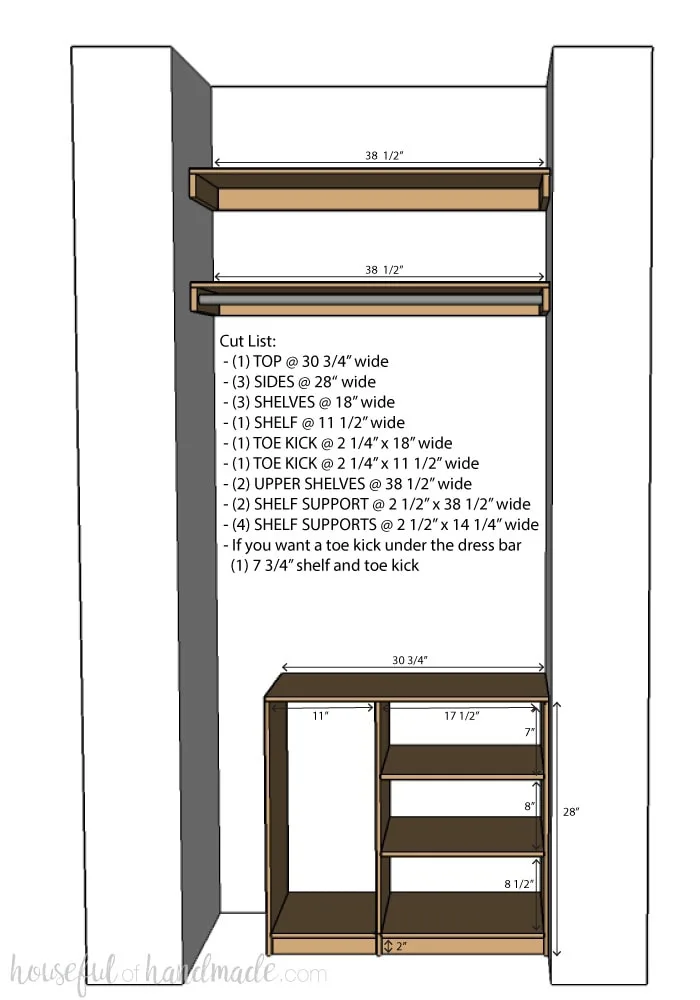 3D sketch up model of the custom closet organizer made from plywood that has room for dresses on one side with measurements and cut list.