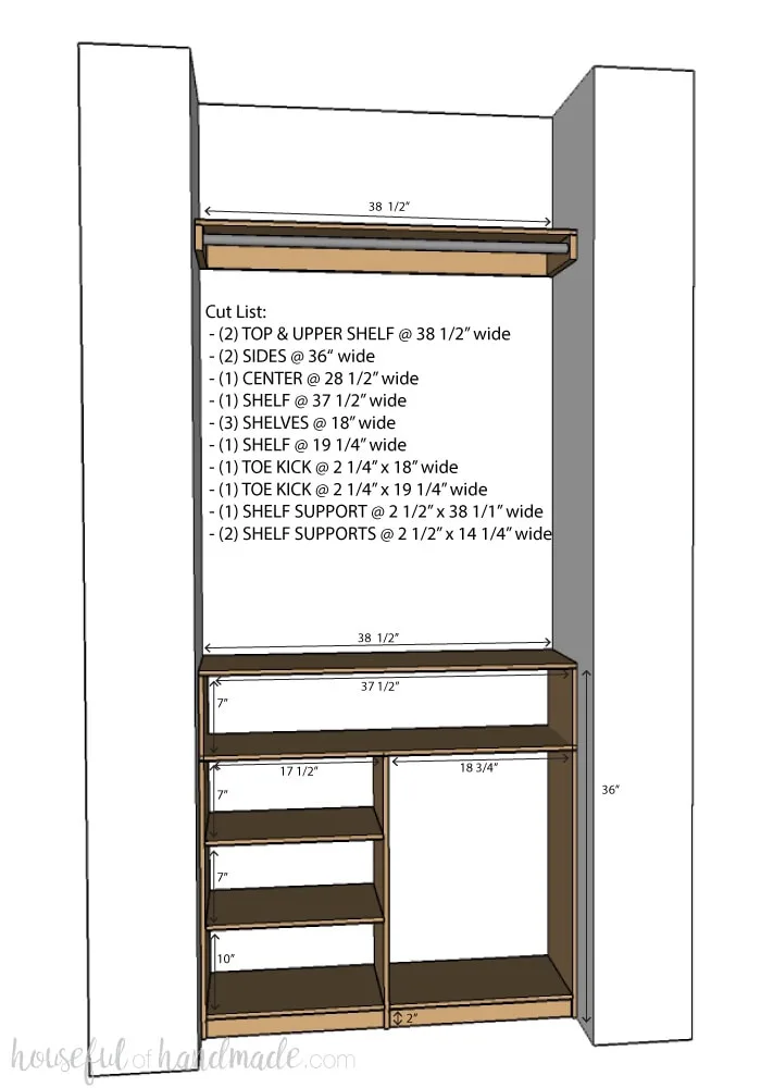 3D sketch up model of the DIY plywood organizer plans that fill the whole closet with measurements and cut list.