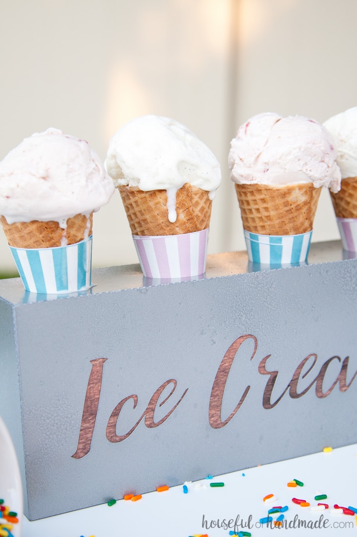 close up DIY farmhouse ice cream cone holder on table