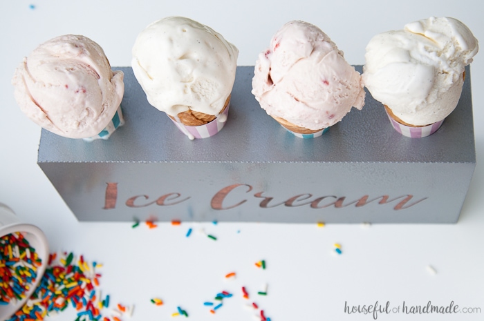 four ice cream cones in a DIY farmhouse ice cream cone holder