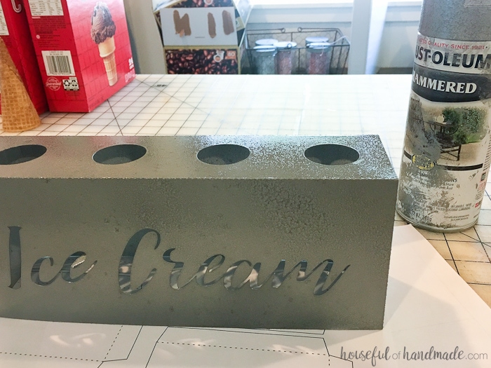 DIY farmhouse ice cream cone holder after spray paint treatment