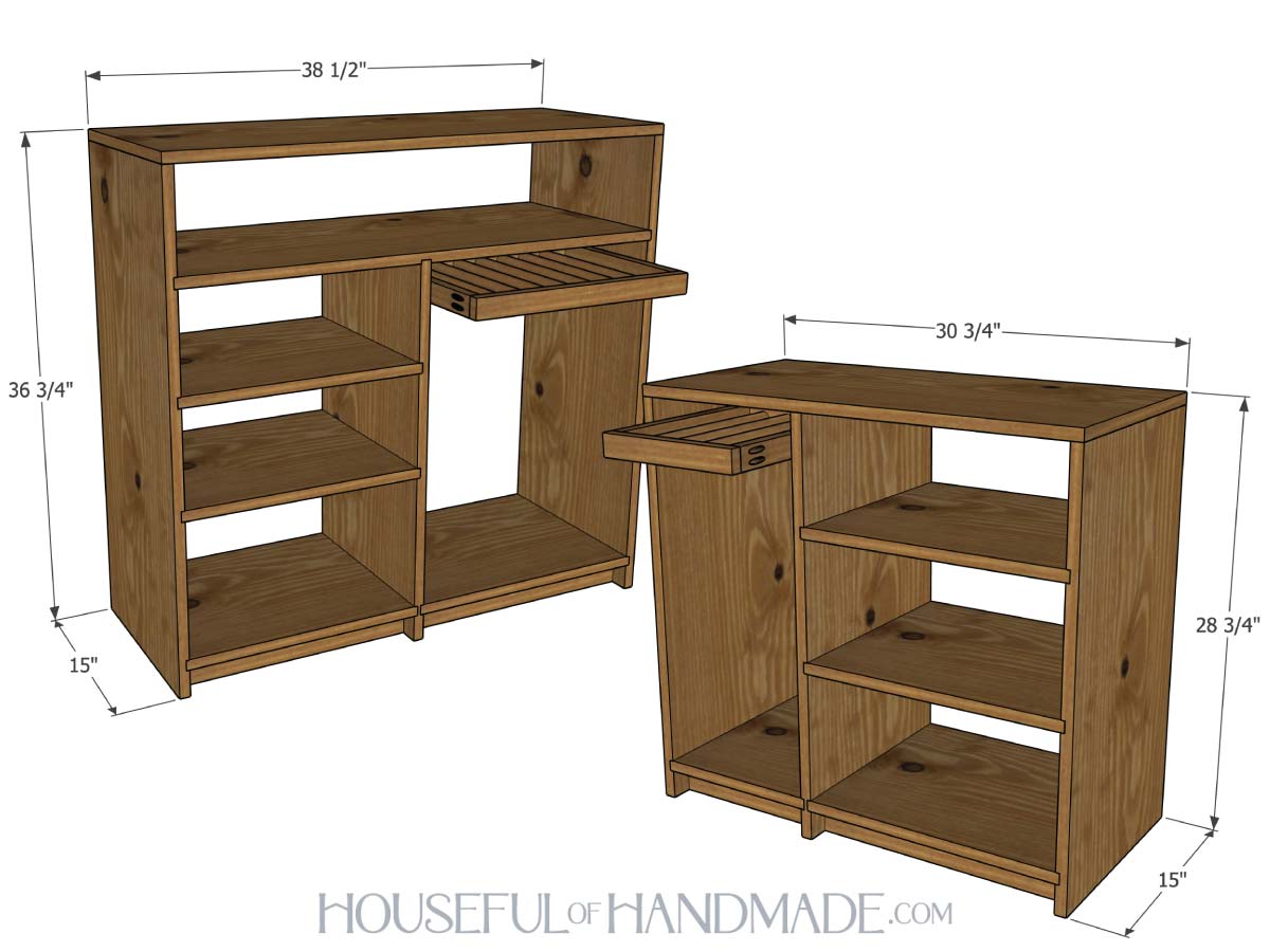 3D sketches of the two closet organizers with dimensions noted. 