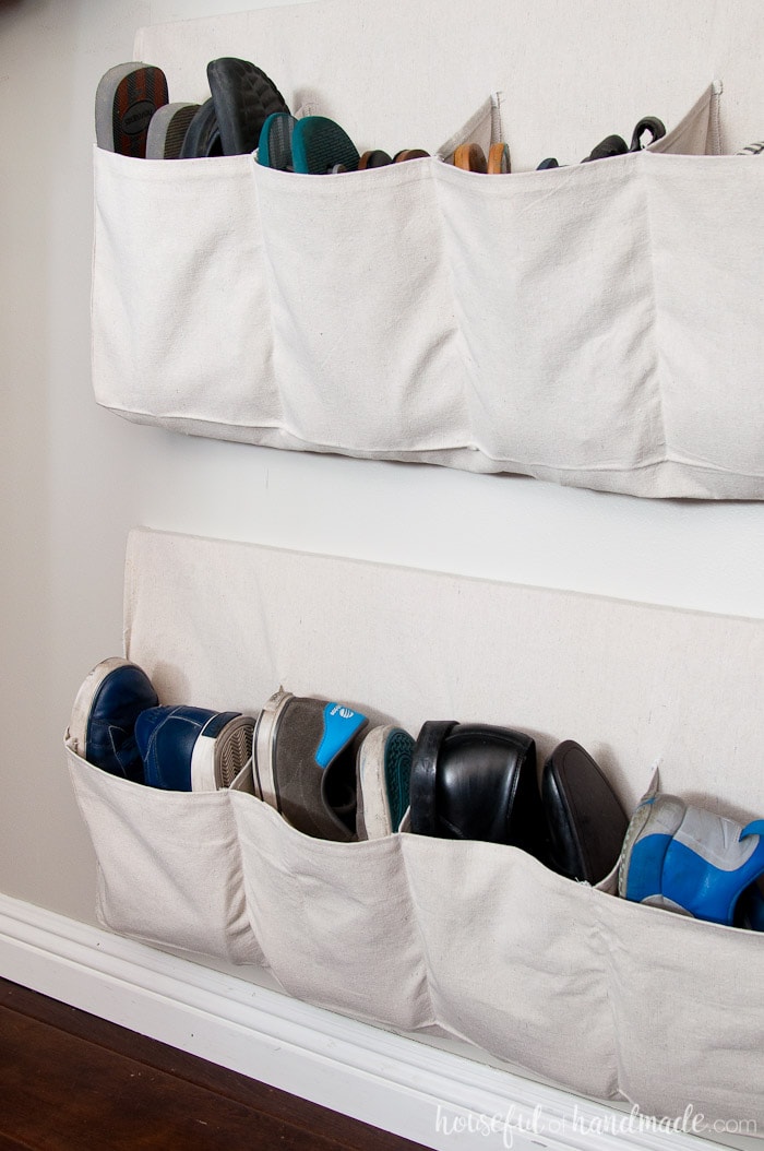 This hanging shoe storage is perfect for keeping all your shoes organized and off the floor. Housefulofhandmade.com