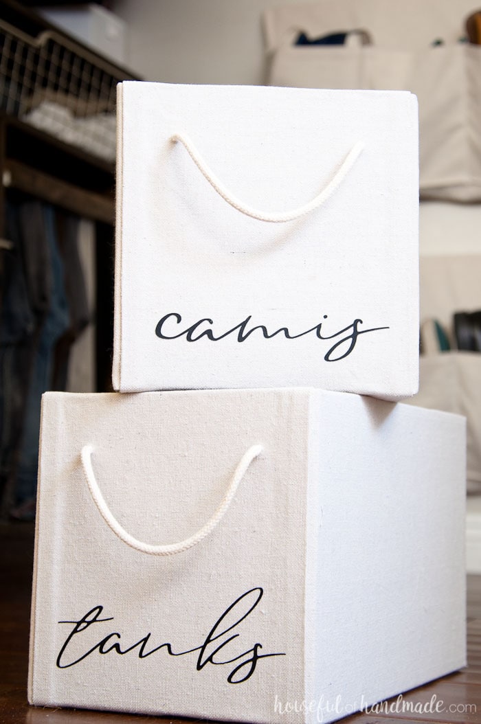 Closet organization boxes made from empty boxes and drop cloth. 