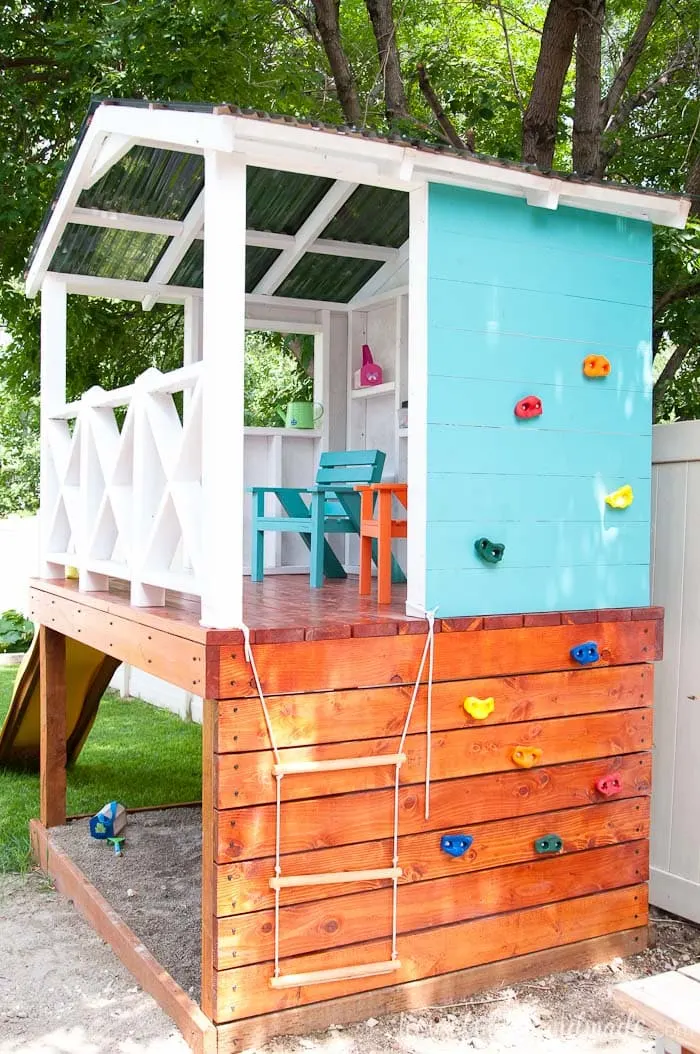 Outdoor playhouse cheap with climbing wall