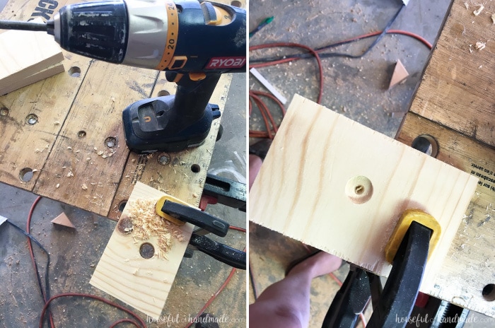 Two pictures showing the hole drilled all the way through one support piece and the hole being drilled only 1/2 way through one side piece. 