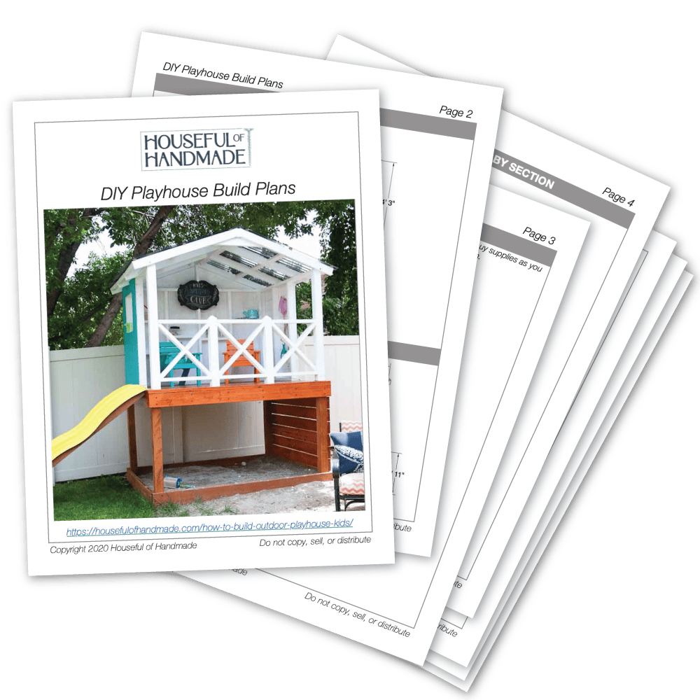 PDF plans for a 5'x7' wood playhouse with slide, sandbox, and climbing wall.