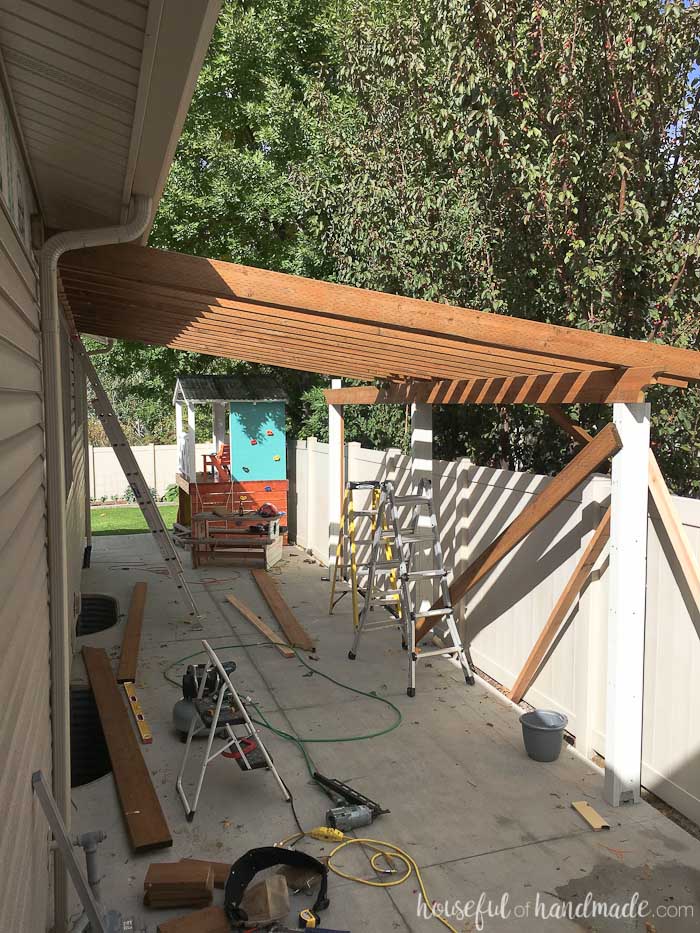 Build a DIY pergola in a weekend. See the step by step tutorial at Housefulofhandmade.com