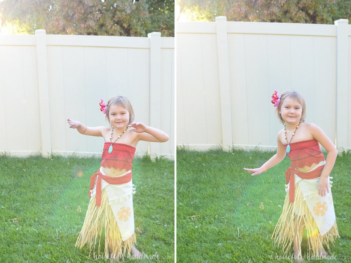 Girl dancing in her homade moana costume.