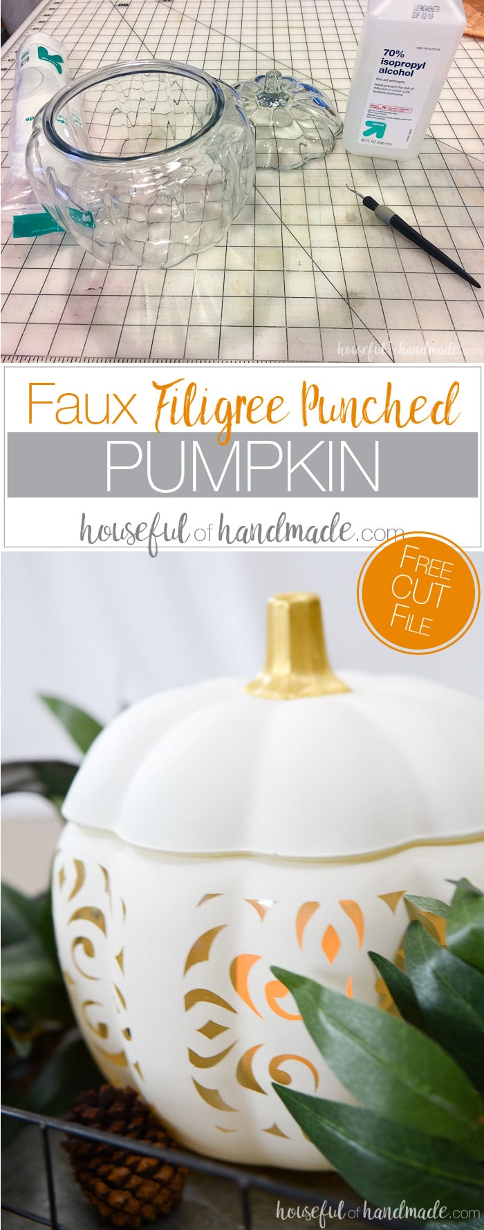 Turn an inexpensive glass pumpkin into a Pottery Barn inspired piece for fall. This beautiful faux filigree punched pumpkin is easy to DIY and looks expensive! Housefulofhandmade.com
