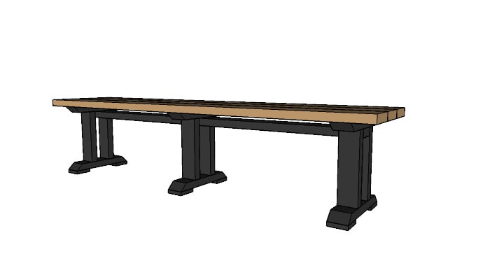 Sketch up image of completed bench for  the diy outdoor dining table build plans