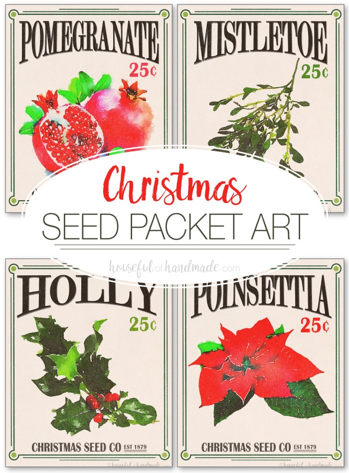 These Christmas Seed Packet Art Printables are the perfect way to add instant festive decor to your home. The free printables of favorite Christmas plants and flowers add vintage holiday charm to any home. Housefulofhandmade.com