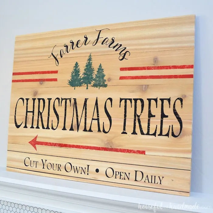 This beautiful Christmas tree farm sign is perfect for a holiday mantel. Get the free build plans and free cut file from Housefulofhandmade.com