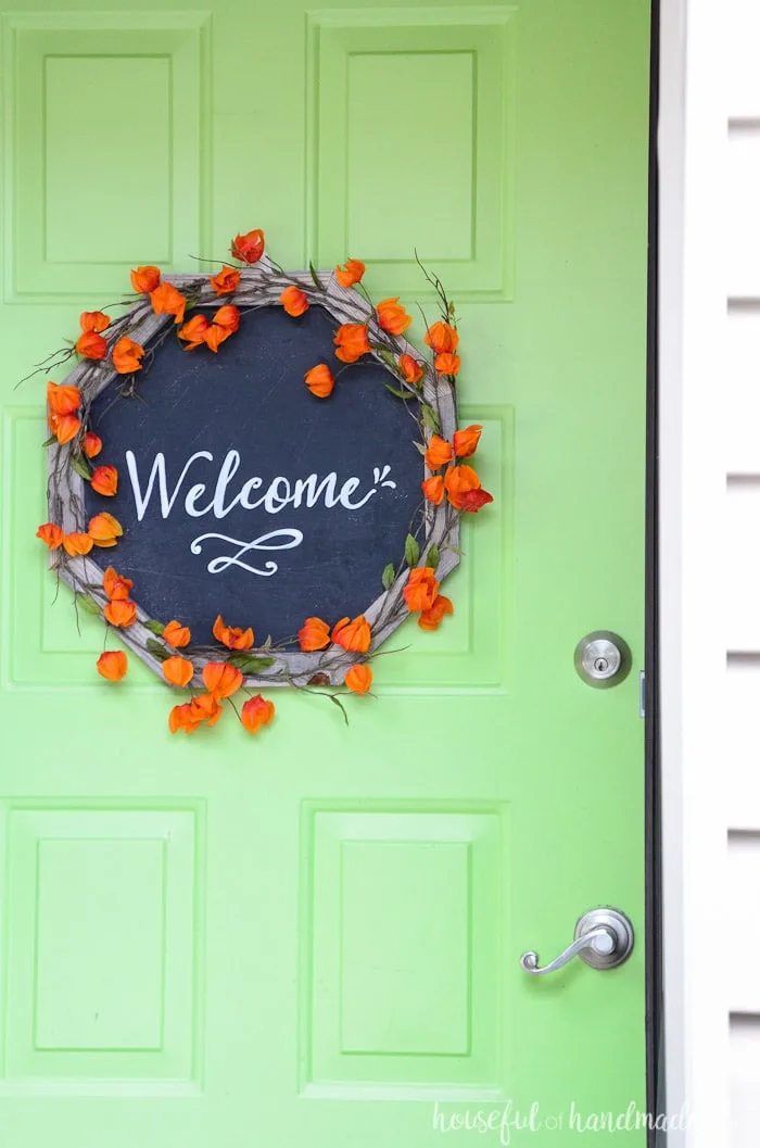 Make a framed chalkboard into a beautiful wreath for fall. I love that you can change out the message for every season. Housefulofhandmade.com