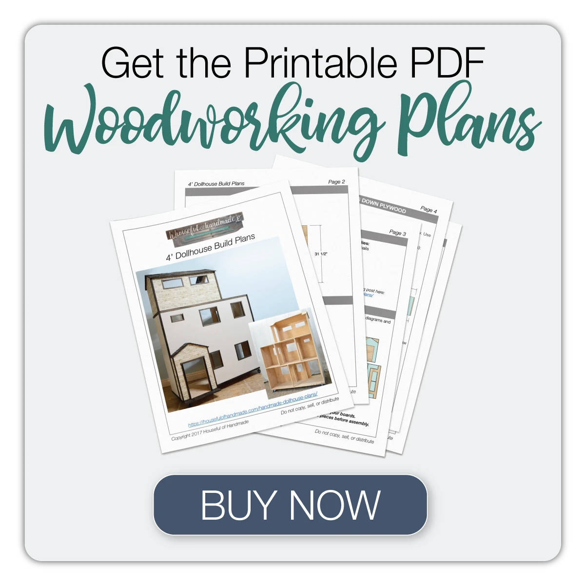 Picture of the printable PDF woodworking plans for a dollhouse and a button to purchase them.