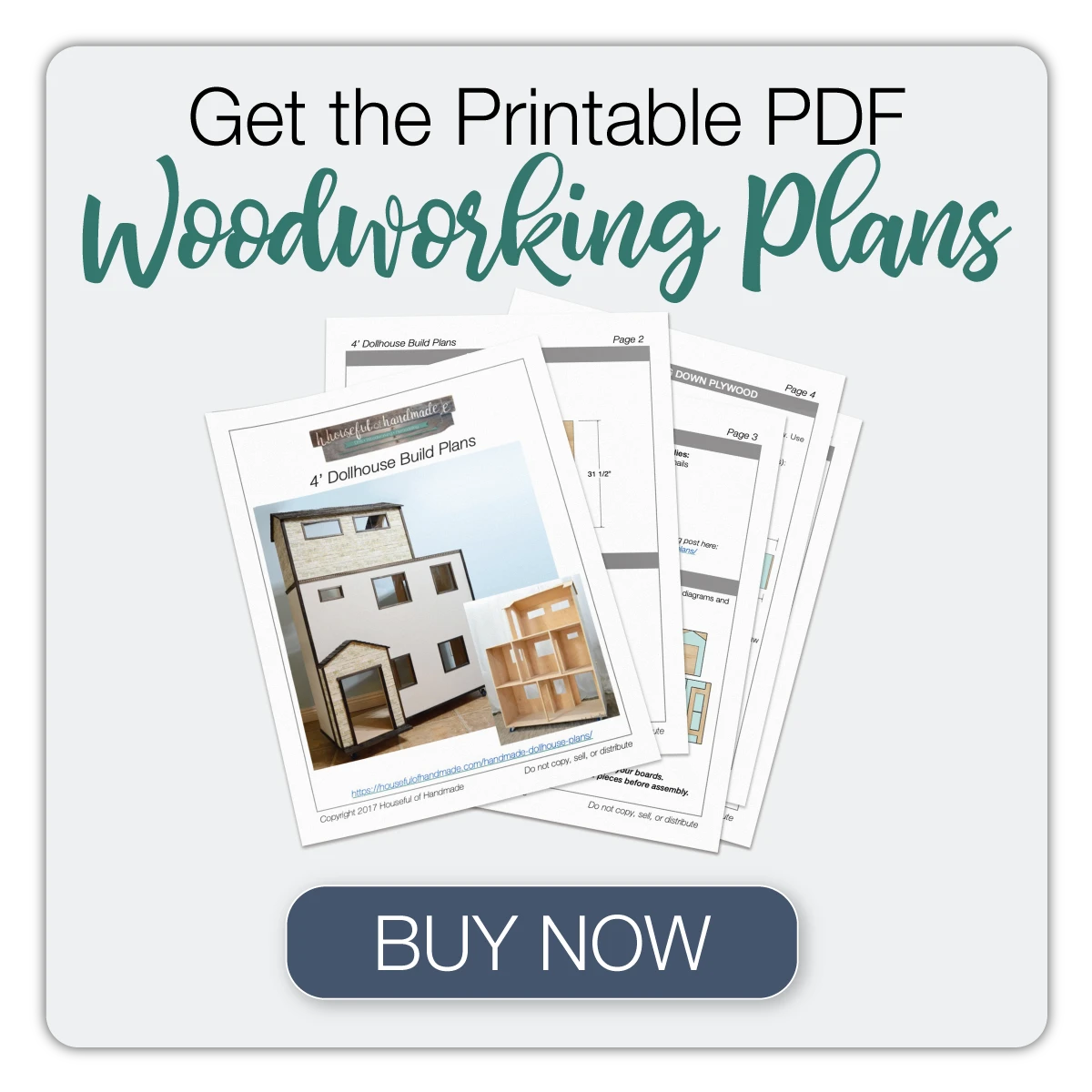 Picture of the printable PDF woodworking plans for a dollhouse and a button to purchase them. 