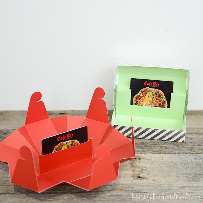 Red hexagon gift card box and green striped rectangular gift card box. 