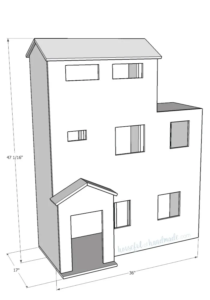 Free build plans front view of handmade dollhouse