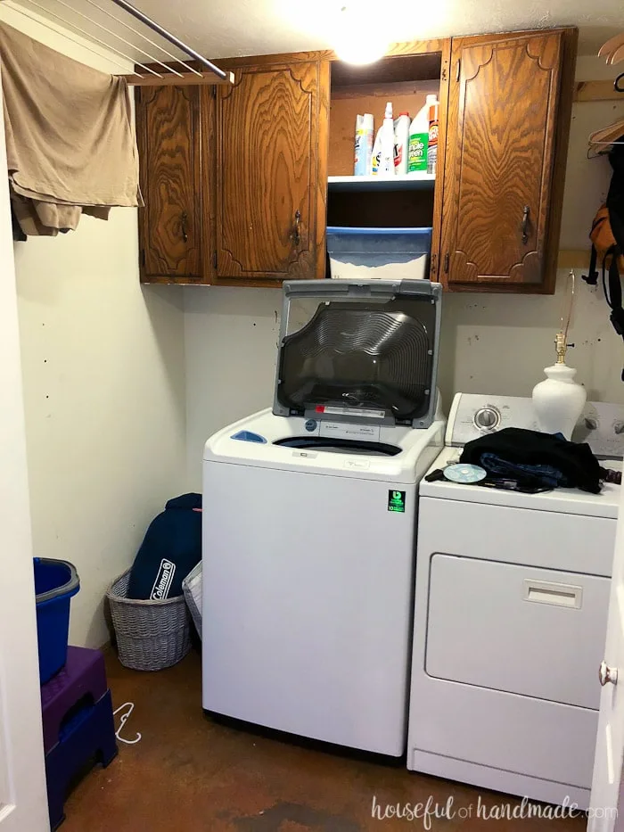 The before of our nonfunctional laundry room. Follow along as we share how we remodel it for only $100. Housefulofhandmade.com