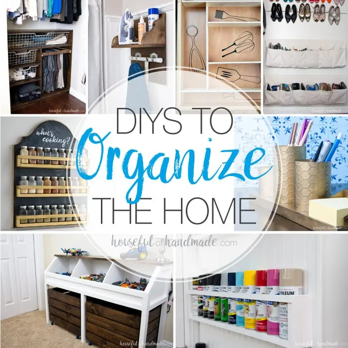 Use these amazing DIYs to Organize your home this year. There are lots of DIY organization ideas to help you get organized in the kitchen, closet, office and more. Use these DIY organization ideas to make your home more organized and more beautiful. Housefulofhandmade.com
