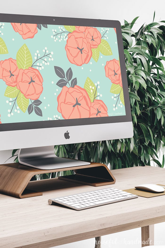 iMac computer with free digital background of colorful floral print on the screen. Housefulofhandmade.com