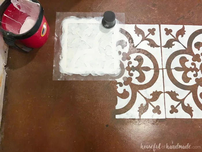 Keep painting the floor stencil all over the floor to create a complete pattern. Housefulofhandmade.com