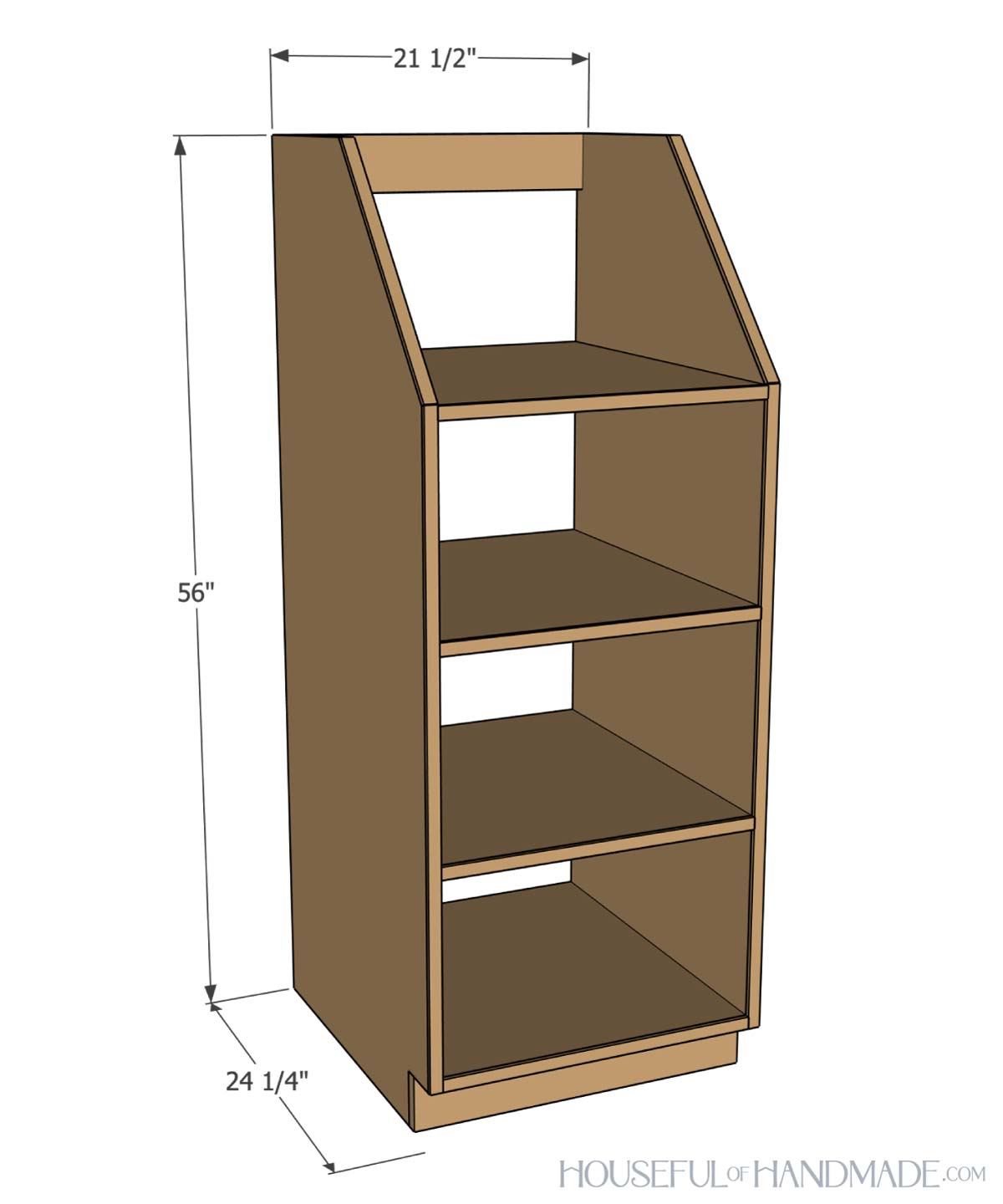 3D sketch of a stackable laundry basket cabinet with dimensions noted. 