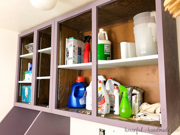 Reinstall the purple painted cabinets with 1x3s secured into the walls to make it easier. Housefulofhandmade.com