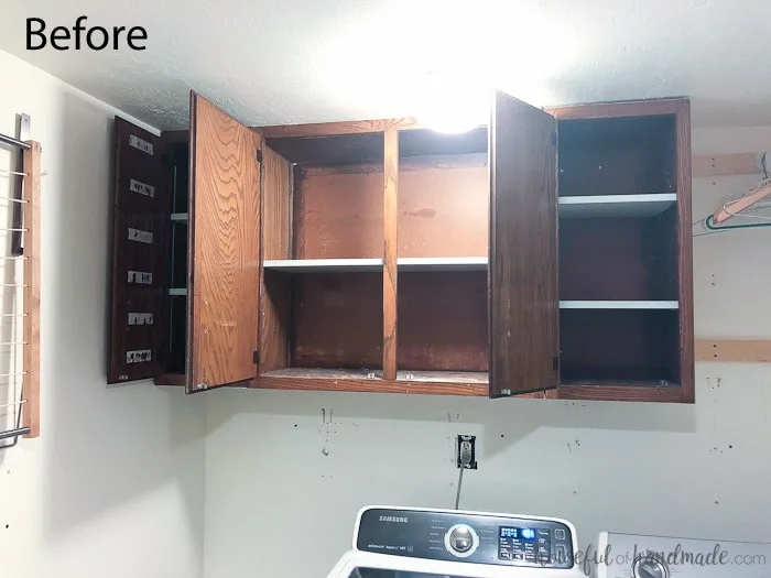 Don't be afraid of painting cabinets. See how easy it was to update these 1970s cabinets for our laundry room remodel. Housefulofhandmade.com