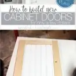 How to build cabinet doors for only a few dollars. Completed DIY shaker cabinet doors in laundry room and unfinished cabinet door. Housefulofhandmade.com