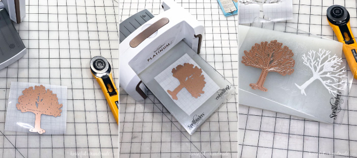 Three pictures of cutting a piece of transfer tape with the Spellbinders platinum 6 machine for the large glass candle holder decor project. Housefulofhandmade.com