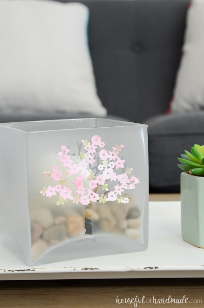 Square glass candle holder with beautiful spring design on a tray. Housefulofhandmade.com
