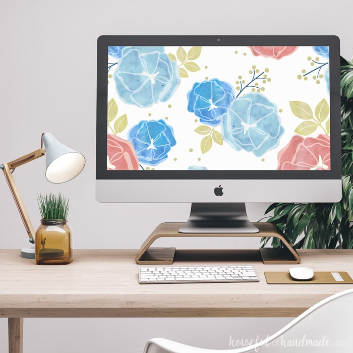 Download this bright floral print digital wallpaper today. The pink and blue flowers are the perfect way to welcome in spring. Housefulofhandmade.com