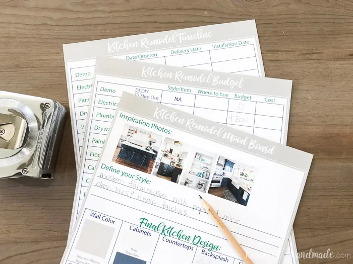 Organize your kitchen remodel with these printable kitchen planning tools. There is a worksheet for kitchen design or mood board, one for the remodel budget, and one for keeping track of the timeline. Housefulofhandmade.com