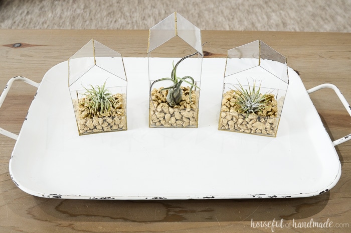 Three coordinating house shaped plant holders on a tray on a table.