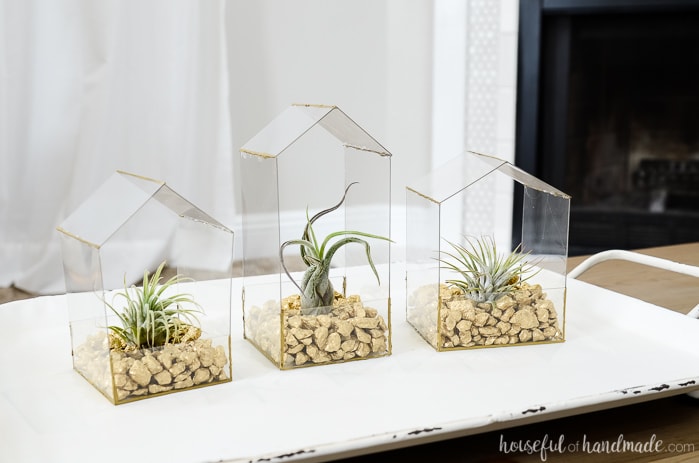 Three modern house shaped air plants holders with gold rocks on a tray.