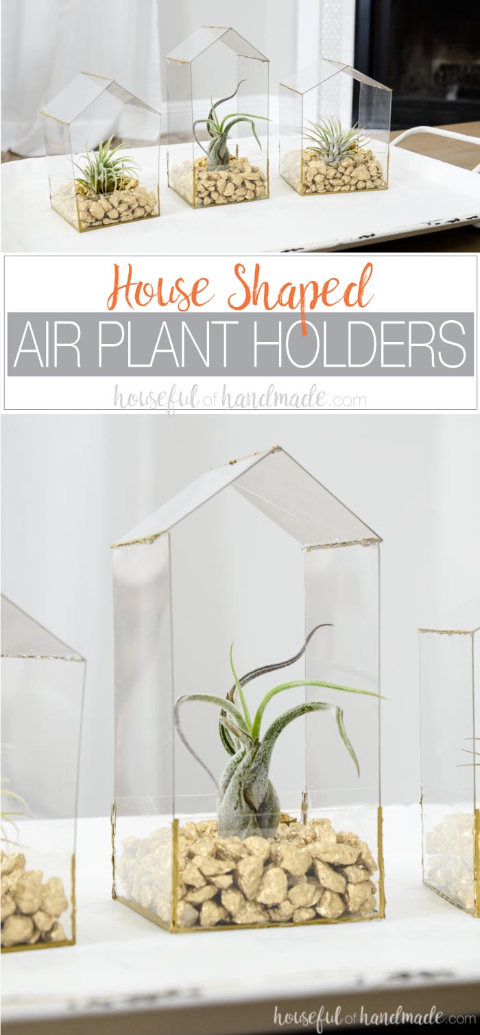 Display your air plants in this modern house shaped air plant holder. These air plant terrariums are quick and easy to make. The perfect air plant display for any modern home decor. Get the easy DIY air plant holder tutorial at housefulofhandmade.com.