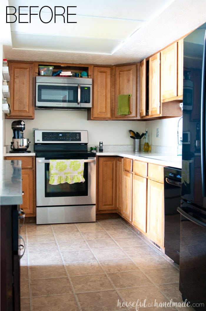 See how we are going to transform our outdated kitchen with orangey-oak cabinets with this budget farmhouse kitchen design. Follow along as we DIY it in 6 weeks. Housefulofhandmade.com